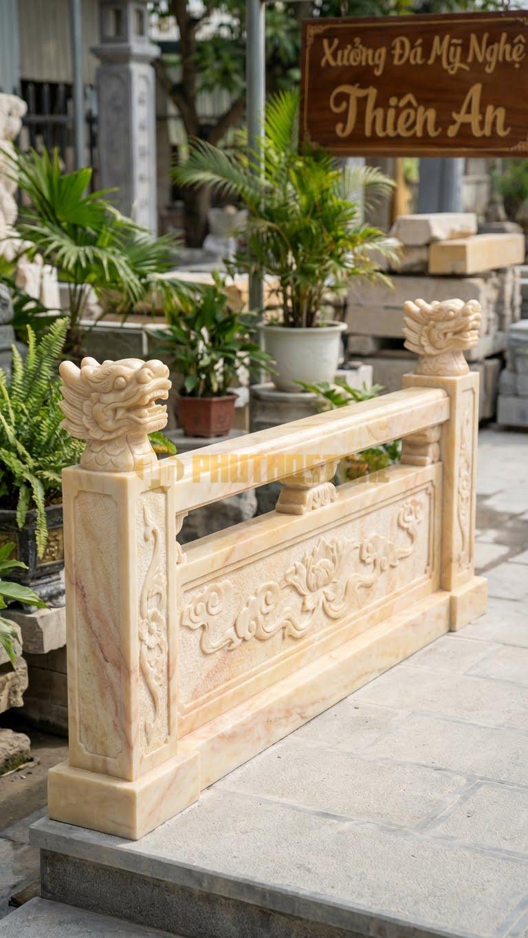 Lan Can Đá Vàng Nghệ An Cầu Đá Trụ Lan Can: Trụ Lan Can Tạc Đầu Rồng Hướng Lên, Kích Thước: 120Cm X 107Cm X 15Cm