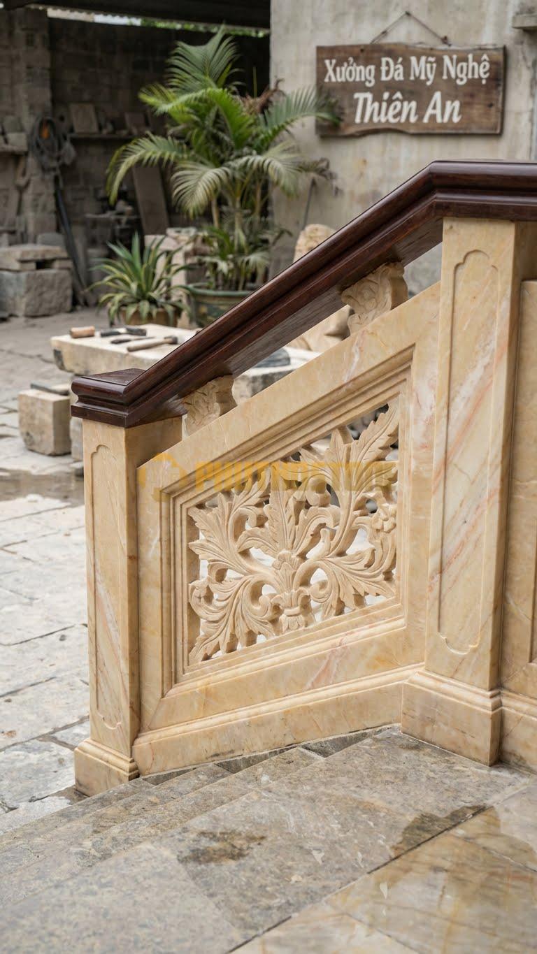 Lan Can Đá Vàng Nghệ An Cầu Thang Đá Tay Vịn Gỗ: Tấm Đá Đục Thủng Hình Hoa Lá Nhẹ Nhàng, Kích Thước: 90Cm X 85Cm X 6Cm