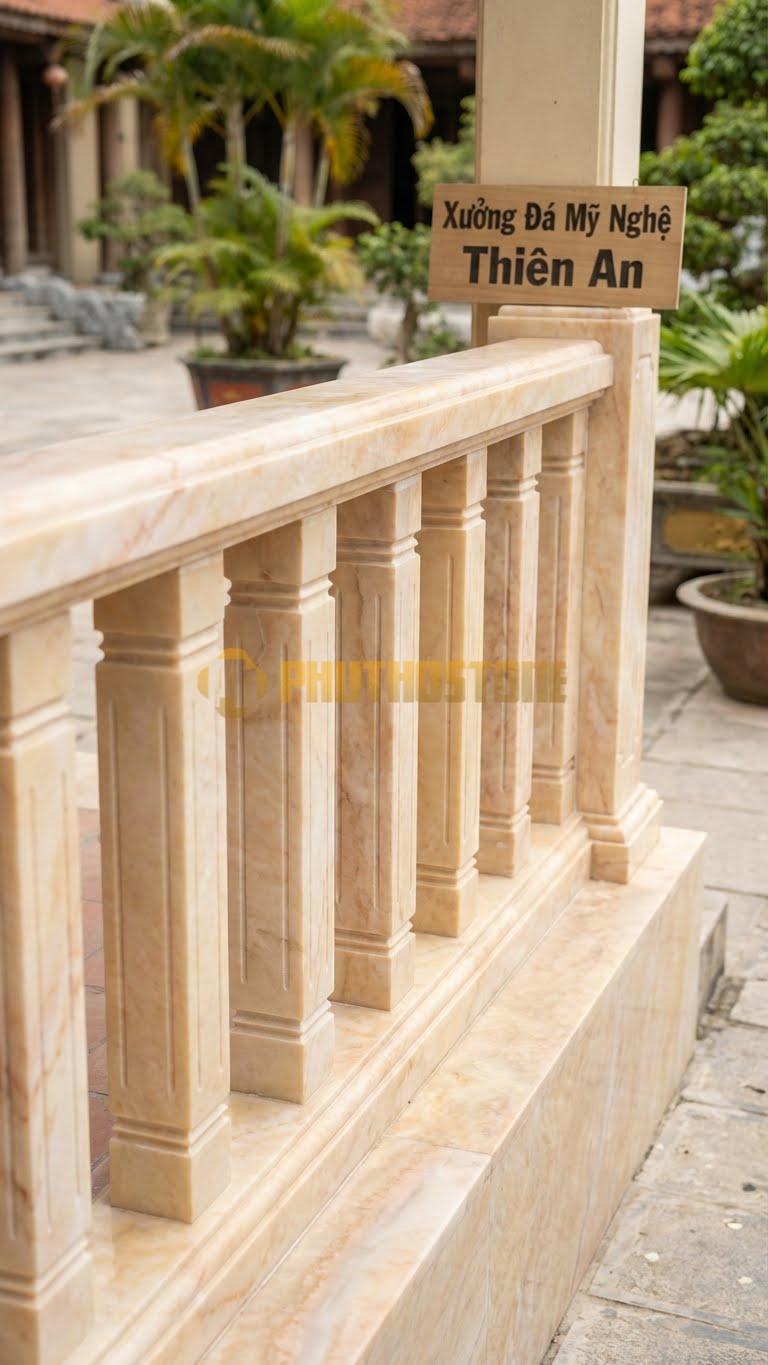 Lan Can Đá Vàng Nghệ An Con Tiện Vuông Chỉ Âm: Khối Vuông Mạnh Mẽ, Soi 2 Đường Chỉ Dọc Tinh Tế, Kích Thước: Đường Kính 15Cm, Cao 80Cm