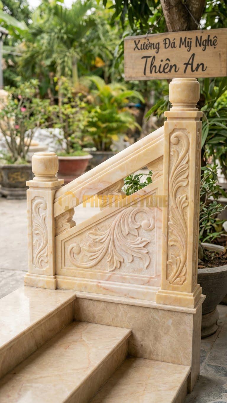 Lan Can Đá Vàng Nghệ An Lá Tây Acanthus: Họa Tiết Lá Ô Rô Uốn Lượn Đặc Trưng Kiến Trúc Pháp, Kích Thước: 100Cm X 90Cm X 12Cm