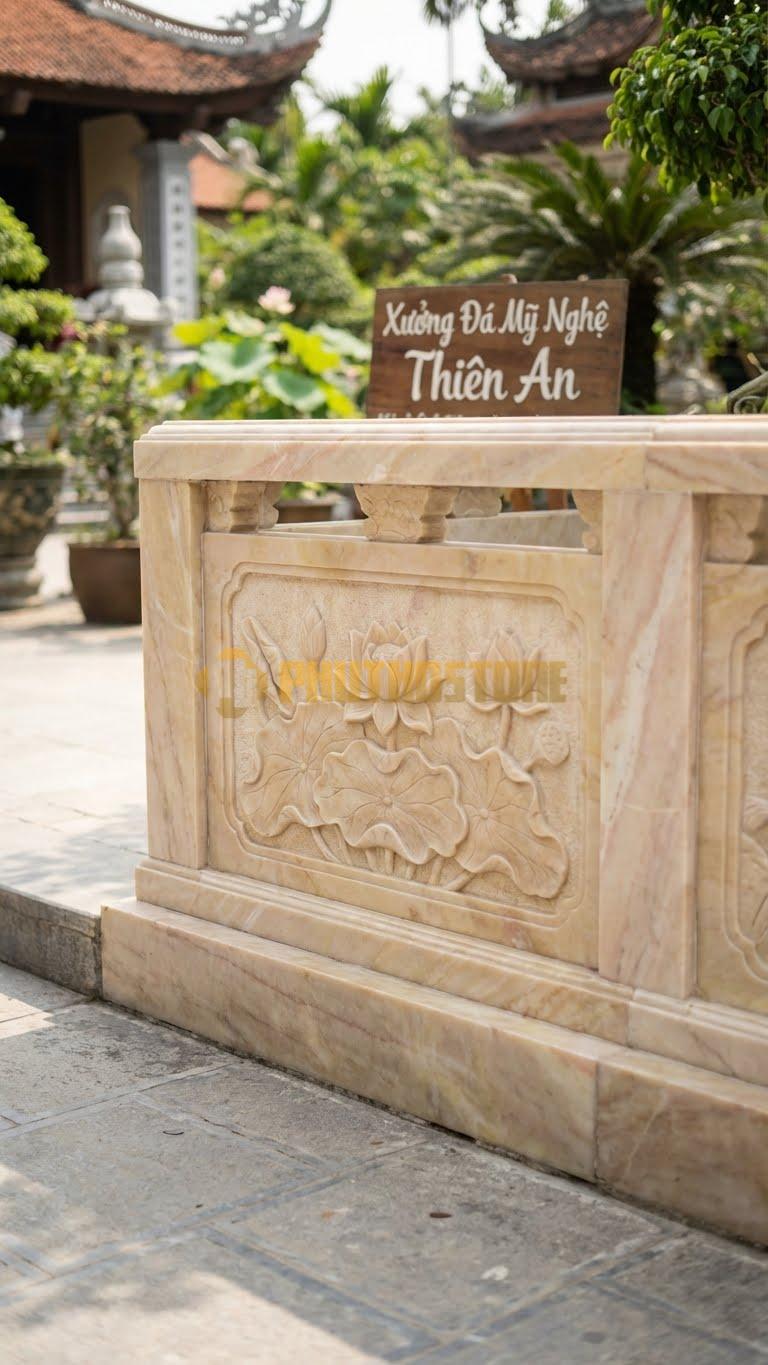 Lan Can Đá Vàng Nghệ An Sen Đầm: Hoa Sen Nở Rộ, Lá Sen Bao Quanh, Kích Thước: 107Cm X 81Cm X 8Cm