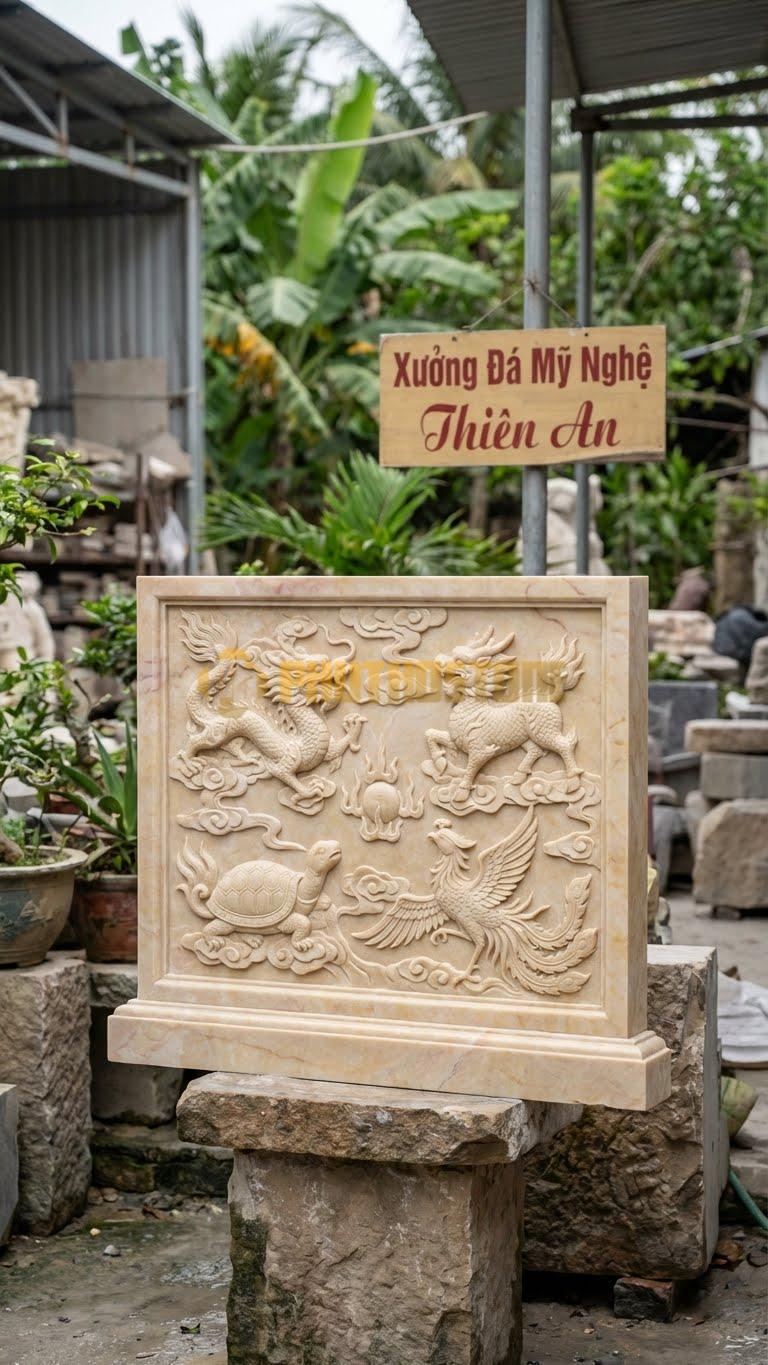 Lan Can Đá Vàng Nghệ An Tứ Linh: Long – Ly – Quy – Phượng (Vờn Mây), Kích Thước: 127Cm X 107Cm X 12Cm