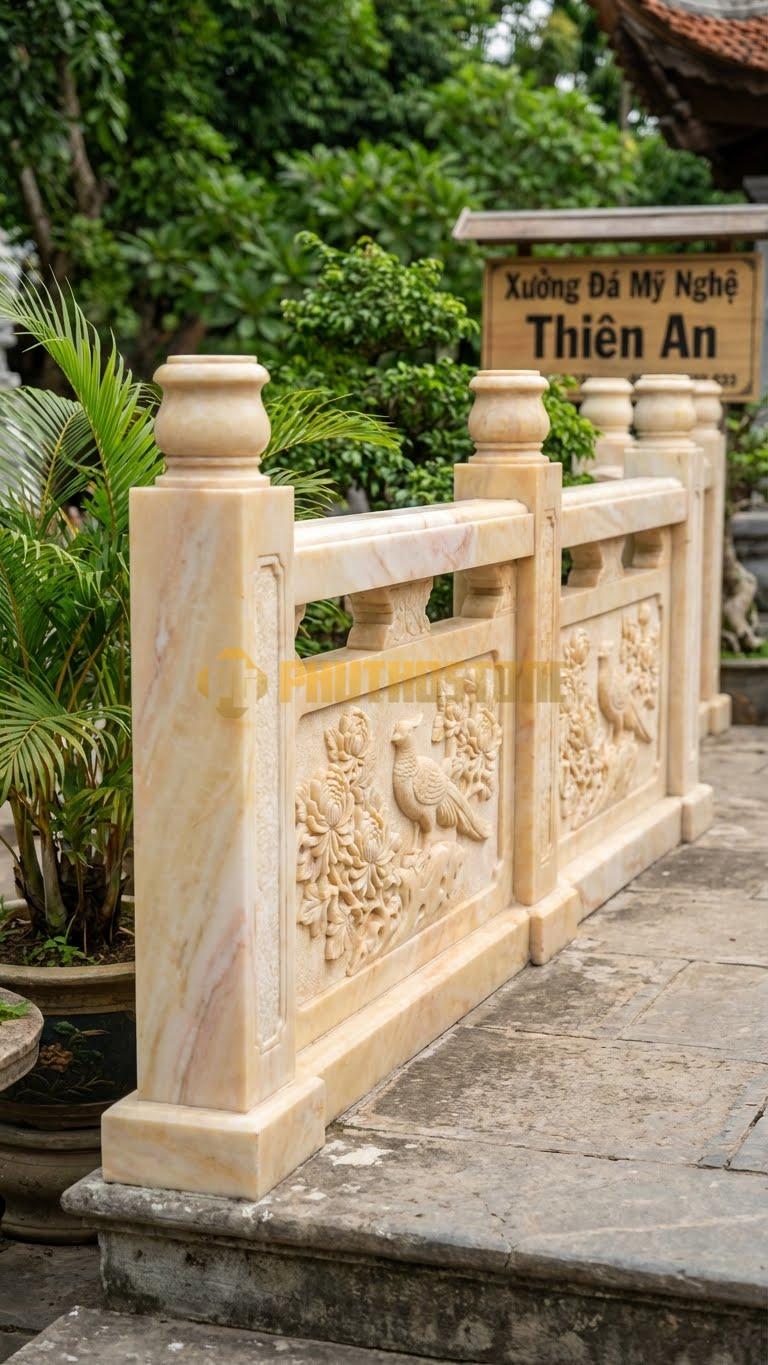 Lan Can Đá Vàng Nghệ An Tứ Quý – Cúc: Hoa Cúc Và Chim Trĩ (Biểu Tượng Phúc Lộc), Kích Thước: 117Cm X 81Cm X 10Cm