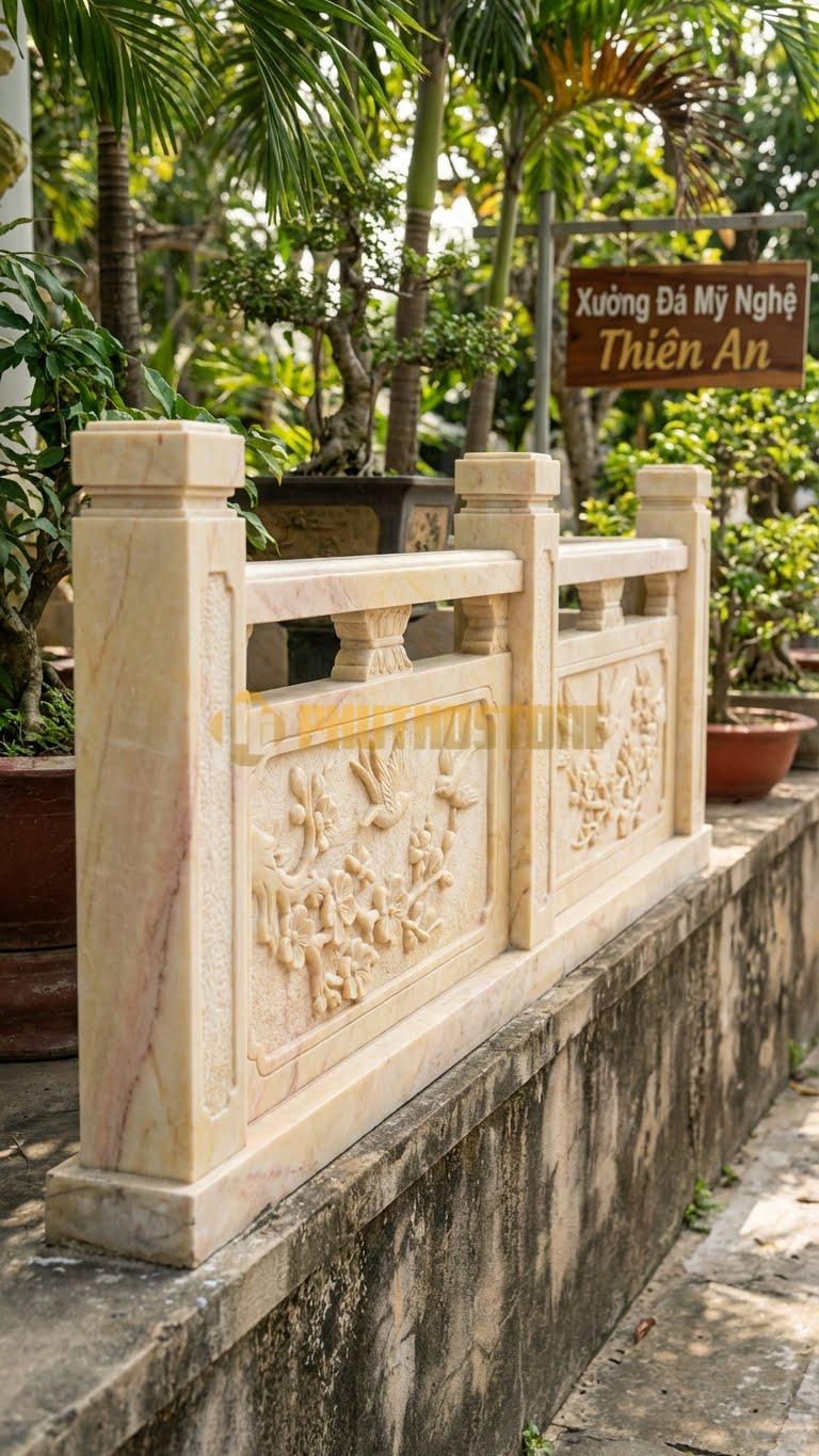 Lan Can Đá Vàng Nghệ An Tứ Quý – Mai: Hoa Mai Và Chim Én (Biểu Tượng Mùa Xuân), Kích Thước: 117Cm X 81Cm X 10Cm