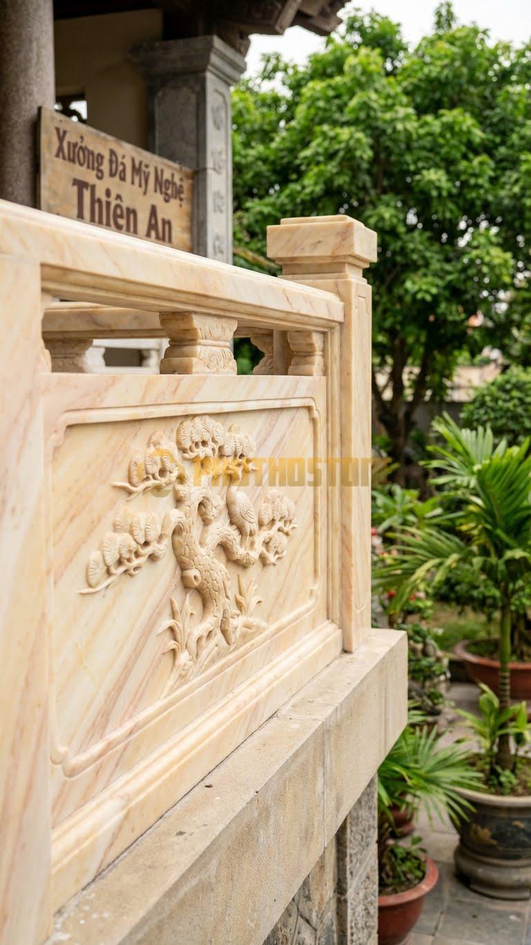 Lan Can Đá Vàng Nghệ An Tứ Quý – Tùng: Cây Tùng Và Chim Hạc (Biểu Tượng Trường Thọ), Kích Thước: 117Cm X 81Cm X 10Cm