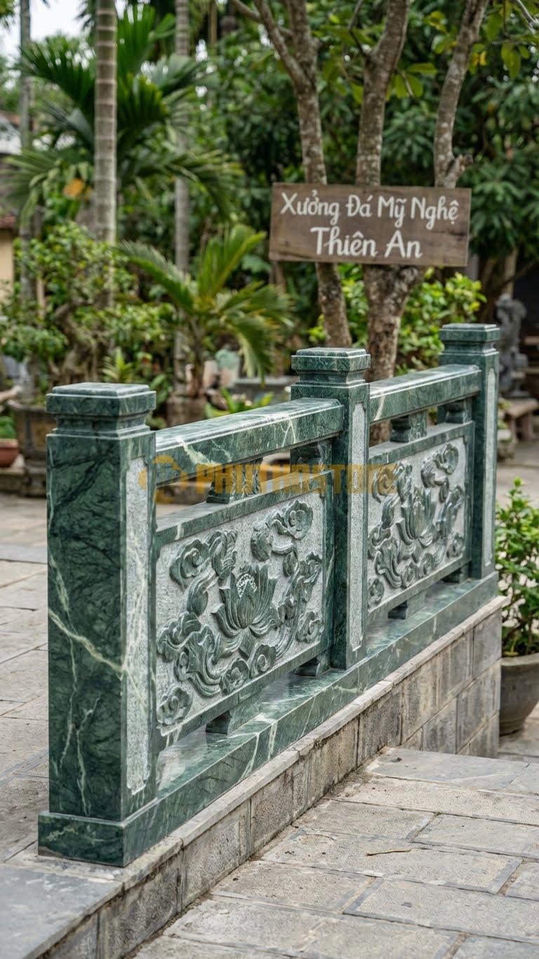 Lan Can Đá Xanh Ấn Bờ Kè Vân Đá: Đục Nhám Bề Mặt Giả Cổ, Kích Thước: 200Cm X 80Cm X 15Cm