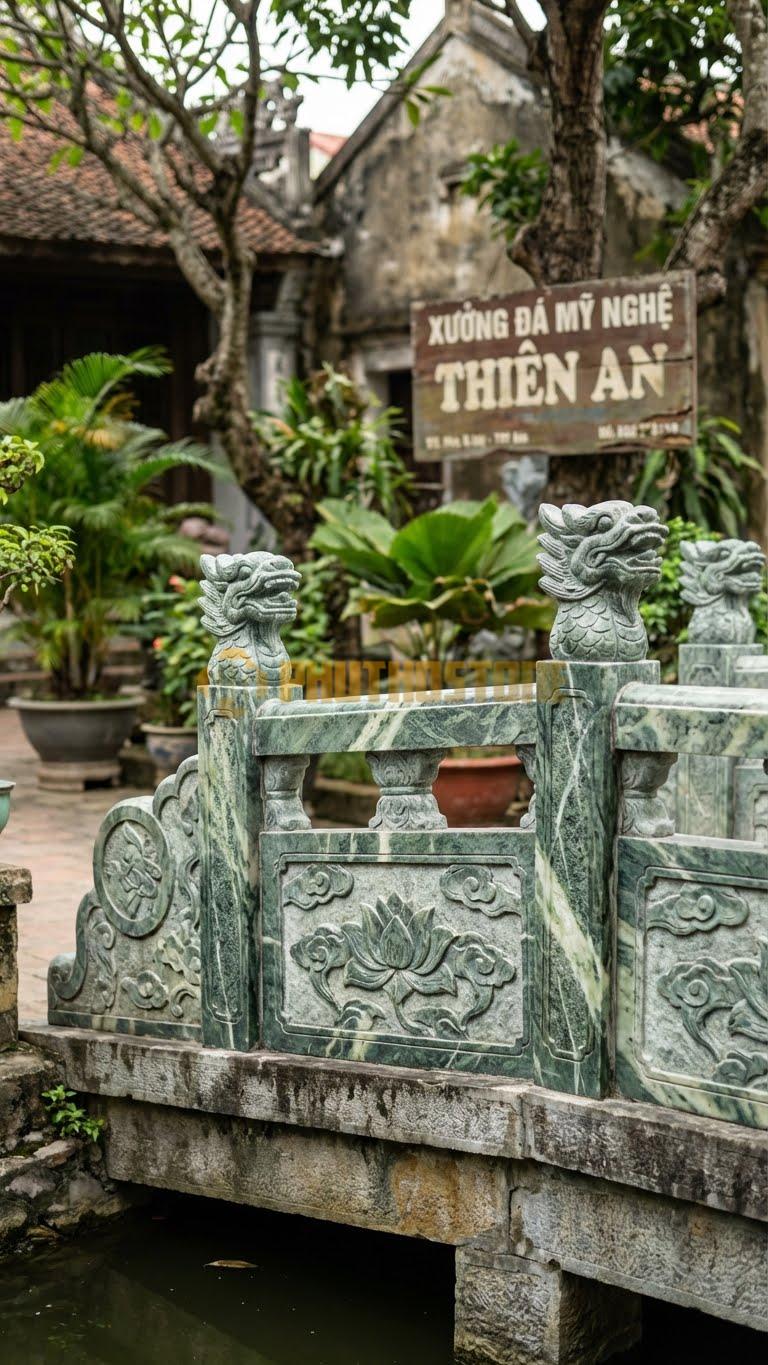 Lan Can Đá Xanh Ấn Cầu Đá Trụ Lan Can: Trụ Lan Can Tạc Đầu Rồng Hướng Lên, Kích Thước: 120Cm X 107Cm X 15Cm
