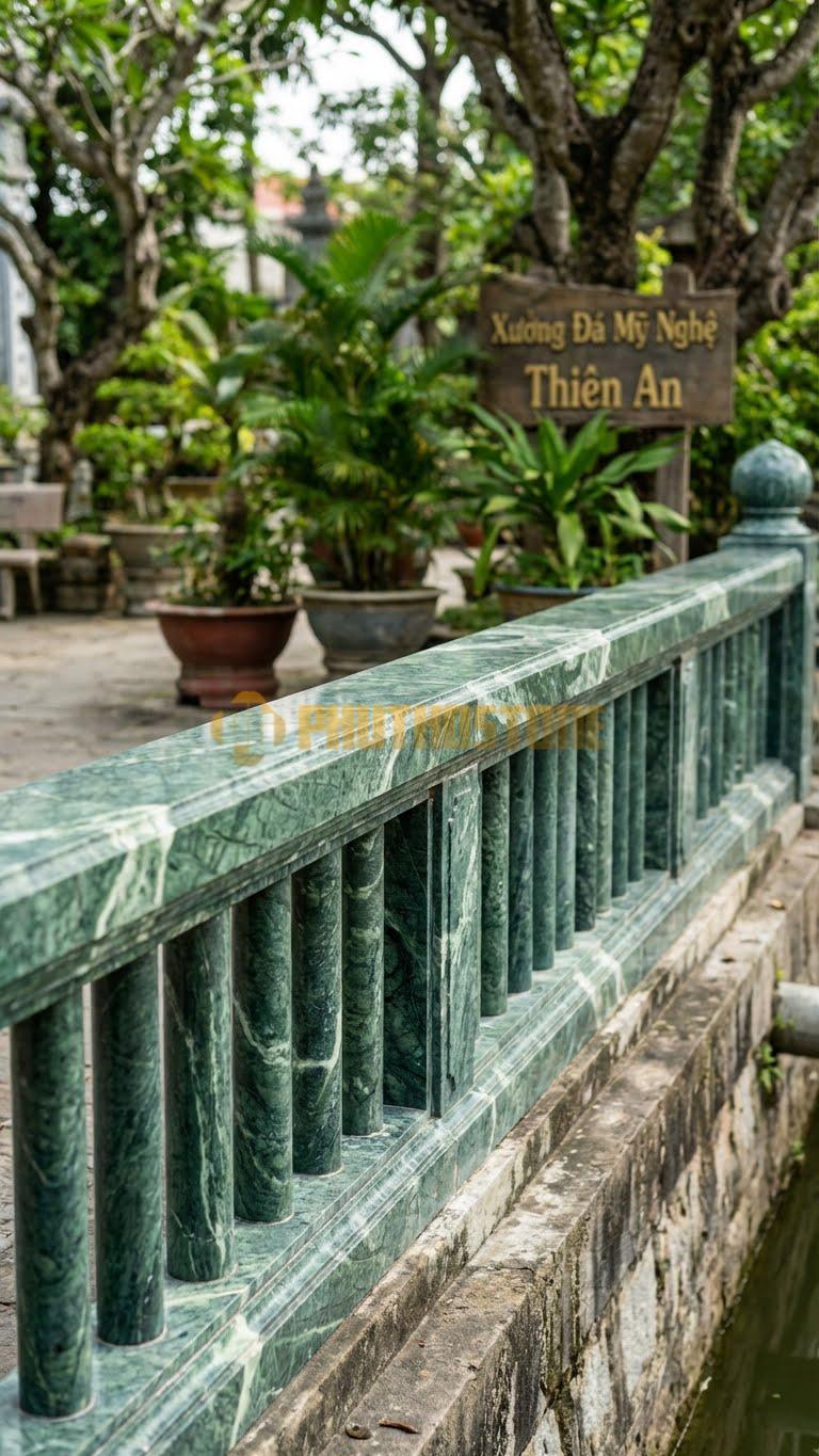 Lan Can Đá Xanh Ấn Chấn Song Đá: Các Thanh Đá Tròn Đặt Song Song, Kích Thước: 120Cm X 81Cm X 10Cm