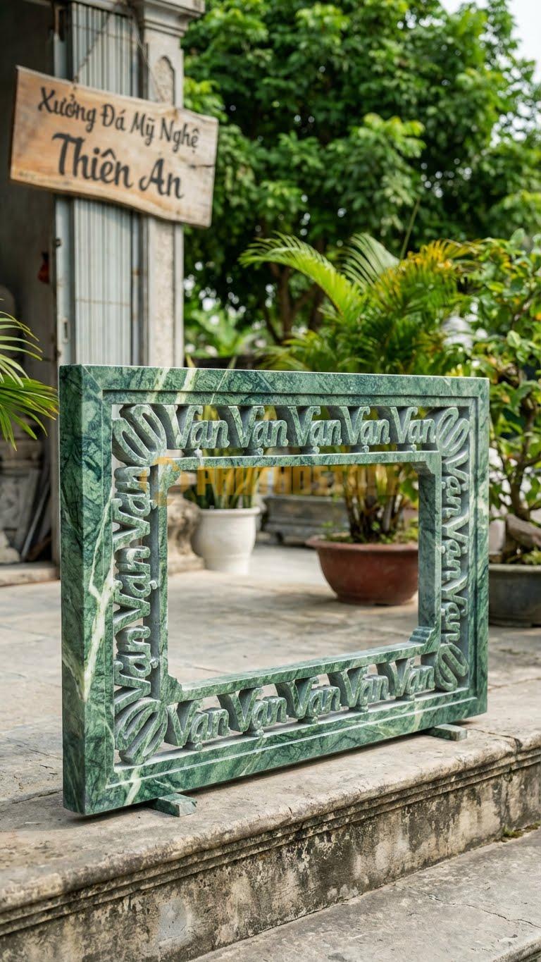Lan Can Đá Xanh Ấn Chữ Vạn Cách Điệu: Họa Tiết Chữ Vạn Chạy Viền, Ở Giữa Để Thoáng, Kích Thước: 120Cm X 81Cm X 8Cm