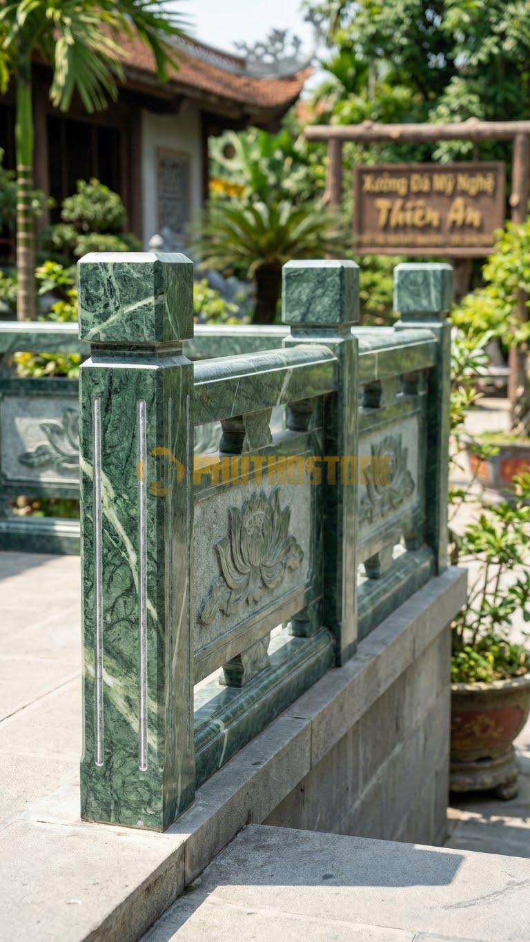 Lan Can Đá Xanh Ấn Con Tiện Vuông Chỉ Âm: Khối Vuông Mạnh Mẽ, Soi 2 Đường Chỉ Dọc Tinh Tế, Kích Thước: Đường Kính 15Cm, Cao 80Cm