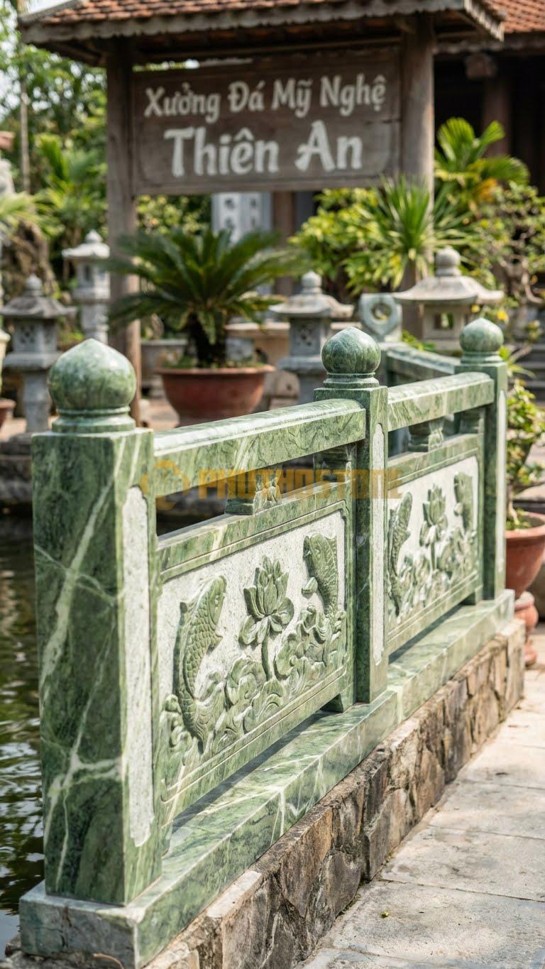 Lan Can Đá Xanh Ấn Hồ Cá Koi (Thấp): Họa Tiết Cá Chép Hoặc Hoa Sen Cách Điệu, Kích Thước: 100Cm X 60Cm X 8Cm