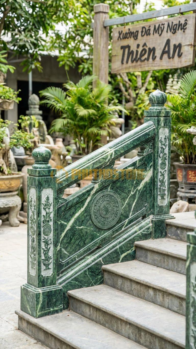 Lan Can Đá Xanh Ấn Hoa Văn Trống Đồng: Mặt Trống Đồng Đông Sơn Thu Nhỏ, Kích Thước: 120Cm X 90Cm X 10Cm