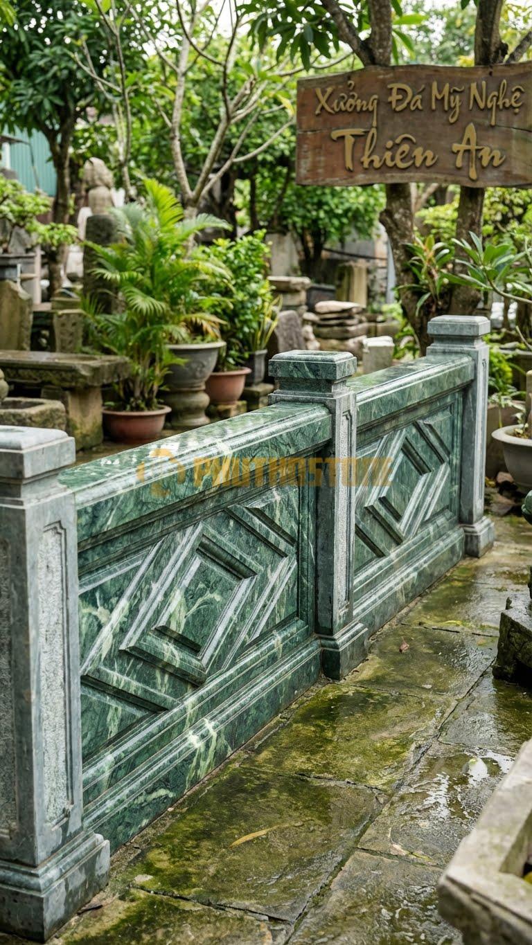 Lan Can Đá Xanh Ấn Kim Cương: Cắt Vát Tạo Khối 3D Như Viên Kim Cương, Kích Thước: 100Cm X 90Cm X 12Cm