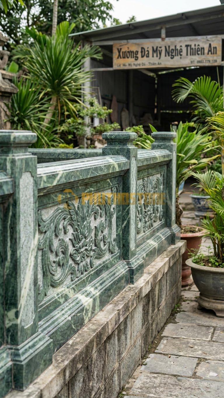 Lan Can Đá Xanh Ấn Lá Hóa Rồng: Họa Tiết Lá Cách Điệu Hình Đầu Rồng, Kích Thước: 110Cm X 81Cm X 10Cm