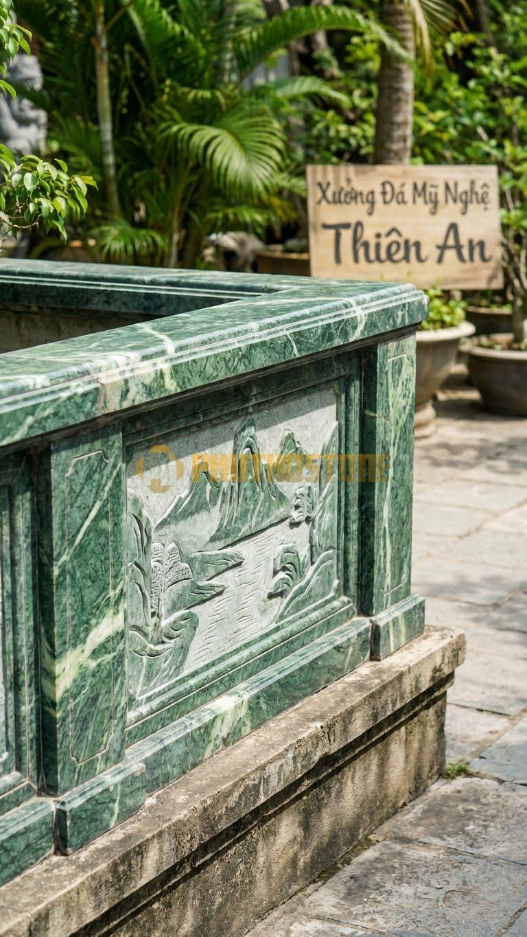 Lan Can Đá Xanh Ấn Sơn Thủy Hữu Tình: Tranh Đá Phong Cảnh (Núi, Sông) Tạc Nông, Kích Thước: 120Cm X 85Cm X 10Cm