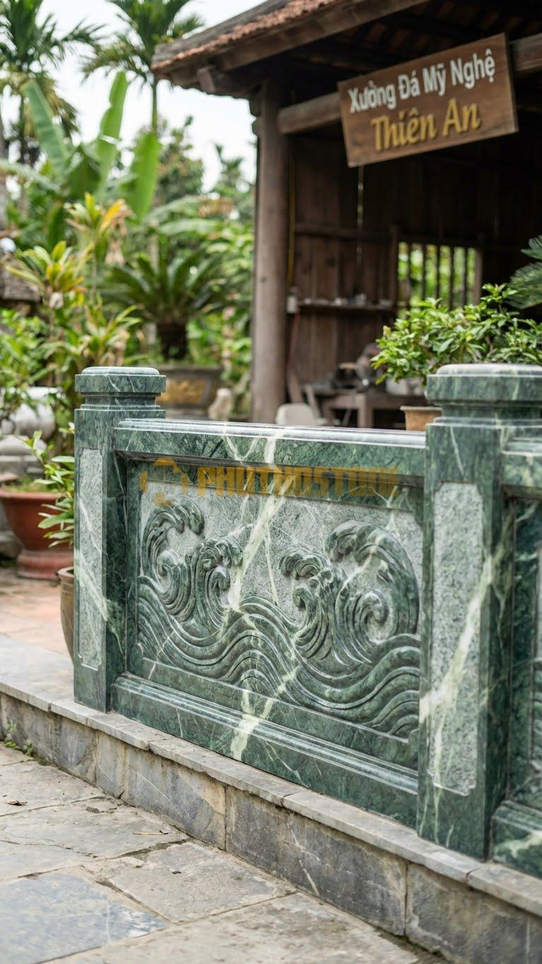 Lan Can Đá Xanh Ấn Sóng Nước: Hình Sóng Biển Cuộn Nhịp Nhàng, Kích Thước: 150Cm X 81Cm X 12Cm
