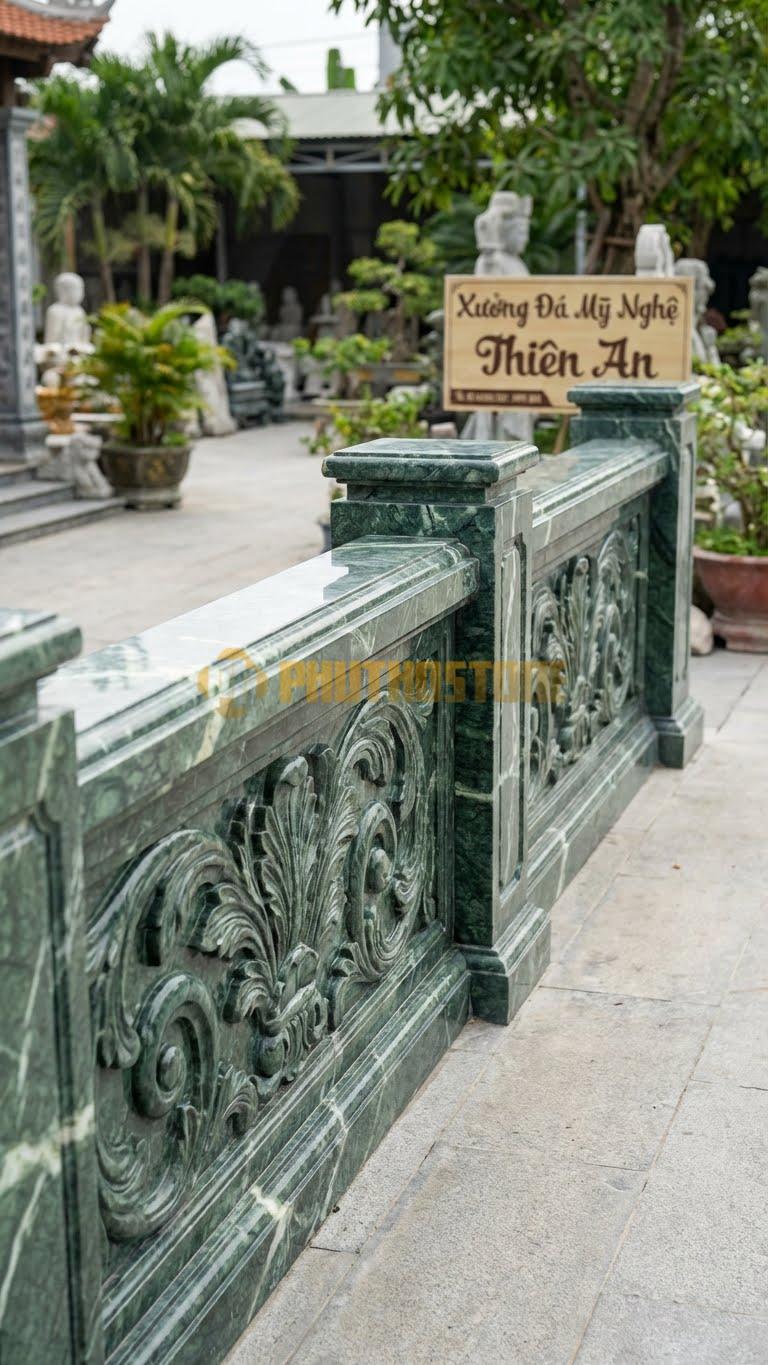 Lan Can Đá Xanh Ấn Tân Cổ Điển Pháp: Hoa Văn Lá Tây (Acanthus) Cuộn Tròn, Kích Thước: 100Cm X 90Cm X 12Cm