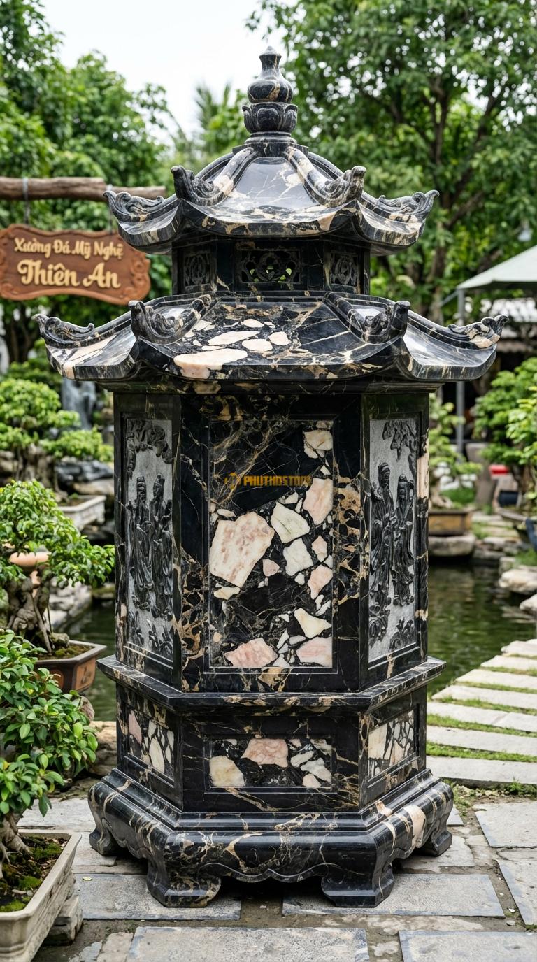 Lầu Bát Giác Đá Da Báo Bát Tiên: 8 cạnh chạm tích 8 vị tiên, mái xếp lớp cầu kỳ (thường 2-3 tầng mái). đường kính 5m20 (Rất lớn)