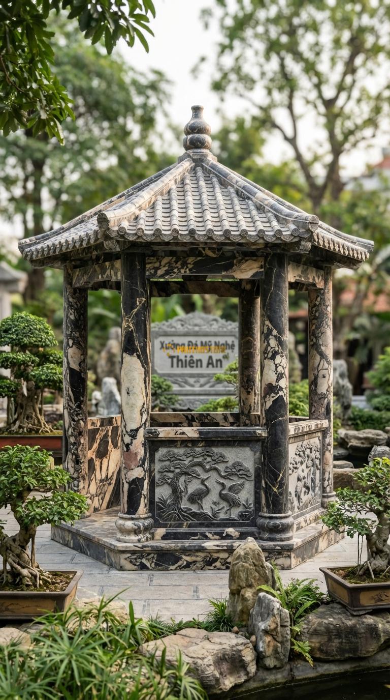 Lầu Bát Giác Đá Da Báo Tùng Hạc: 4 vách bưng kín 1/2 chiều cao, chạm tranh Tùng Hạc sắc nét. Vuông 3m20 x 3m20