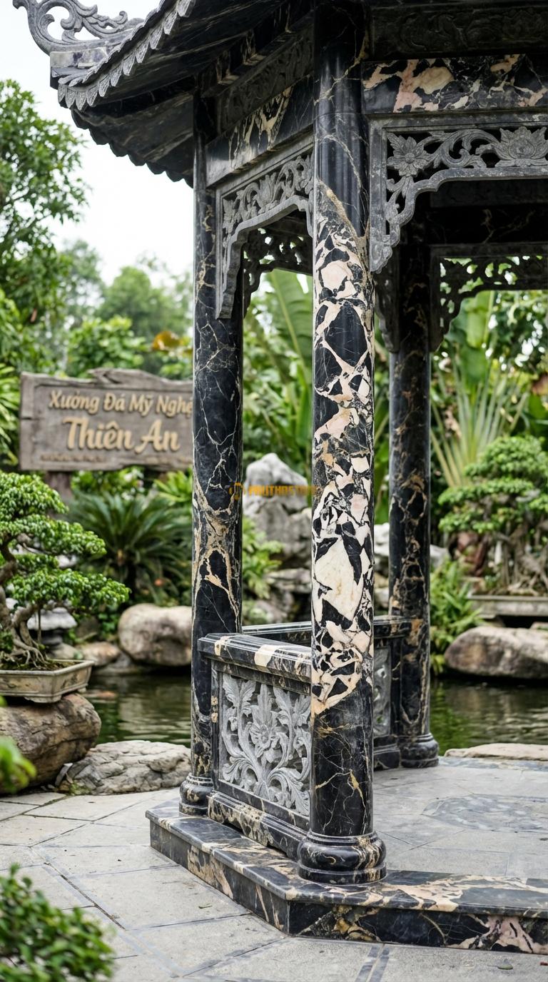 Lầu Bát Giác Đá Da Báo Vườn Thượng Uyển: Lan can chạm thông phong hoa lá, cột nhỏ thanh thoát. đường kính 4m00