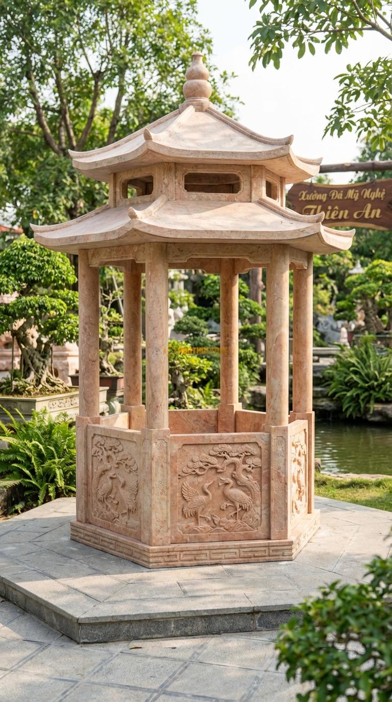 Lầu Bát Giác Đá Hồng Tùng Hạc: 4 vách bưng kín 1/2 chiều cao, chạm tranh Tùng Hạc sắc nét. Vuông 3m20 x 3m20