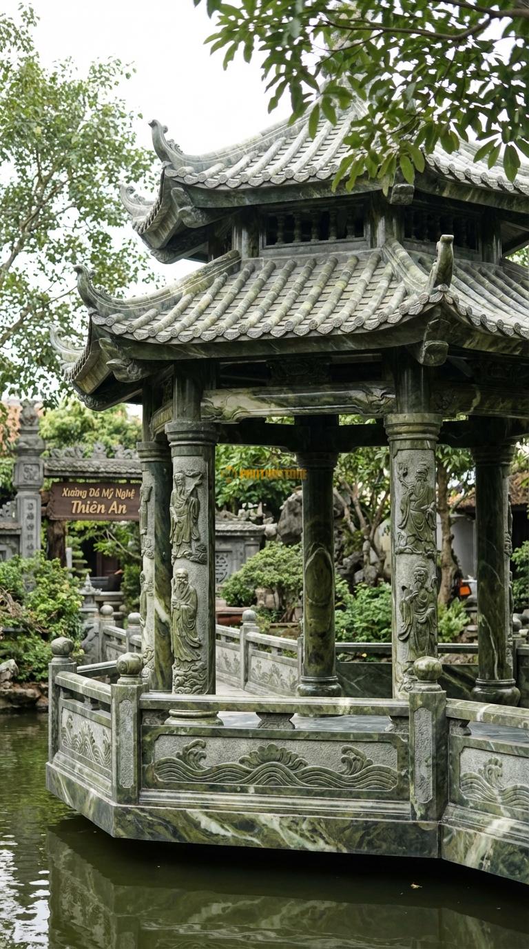 Lầu Bát Giác Đá Serpentine Bát Tiên: 8 cạnh chạm tích 8 vị tiên, mái xếp lớp cầu kỳ (thường 2-3 tầng mái). đường kính 5m20 (Rất lớn)