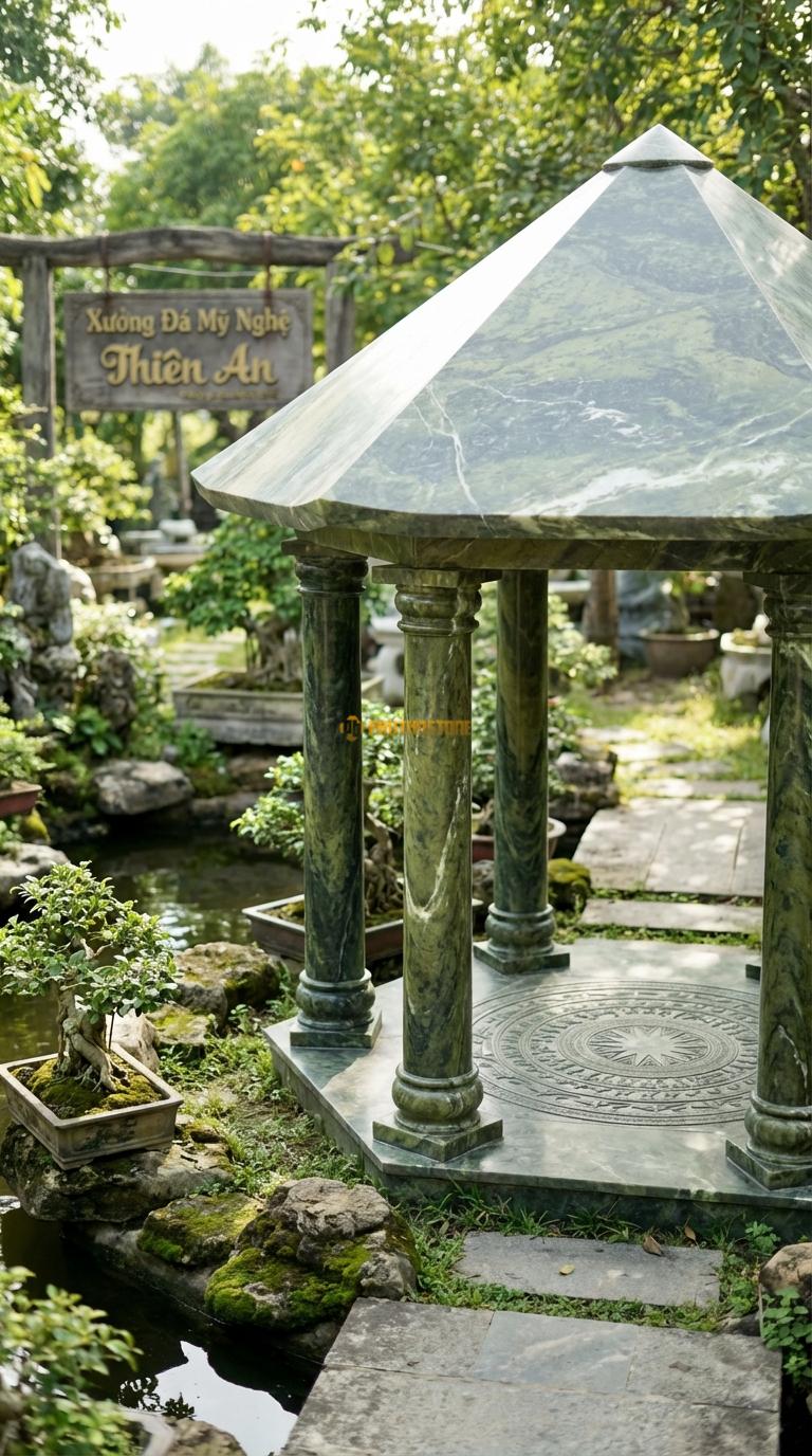 Lầu Bát Giác Đá Serpentine Trống Đồng: Sàn lát đá chạm mặt trống đồng, mái hình nón cụt. đường kính 3m80