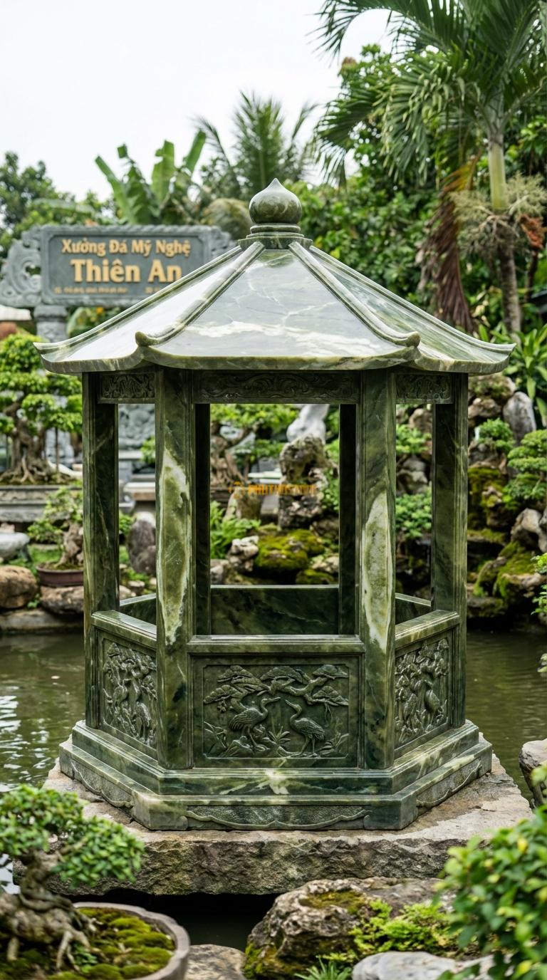 Lầu Bát Giác Đá Serpentine Tùng Hạc: 4 vách bưng kín 1/2 chiều cao, chạm tranh Tùng Hạc sắc nét. Vuông 3m20 x 3m20