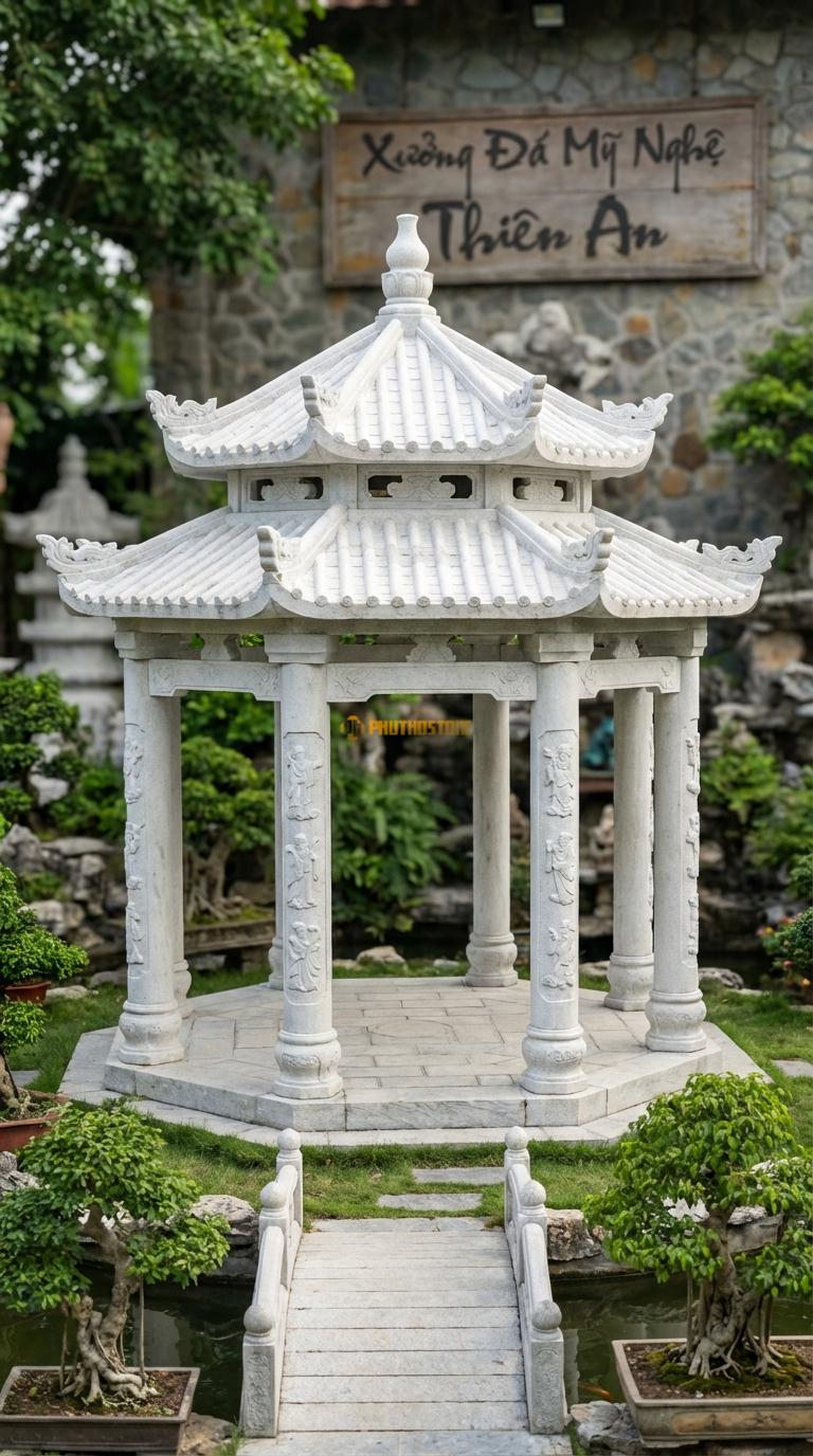 Lầu Bát Giác Đá Trắng Muối Bát Tiên: 8 cạnh chạm tích 8 vị tiên, mái xếp lớp cầu kỳ (thường 2-3 tầng mái). đường kính 5m20 (Rất lớn)