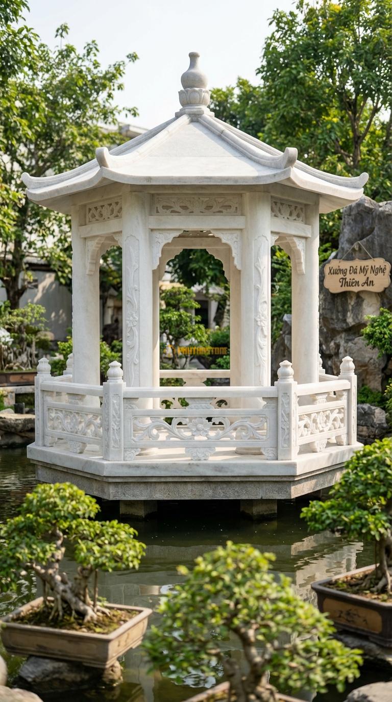 Lầu Bát Giác Đá Trắng Muối Vườn Thượng Uyển: Lan can chạm thông phong hoa lá, cột nhỏ thanh thoát. đường kính 4m00