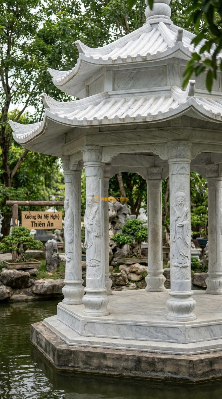 Lầu Bát Giác Đá Trắng Yên Bái Bát Tiên: 8 cạnh chạm tích 8 vị tiên, mái xếp lớp cầu kỳ (thường 2-3 tầng mái). đường kính 5m20 (Rất lớn)