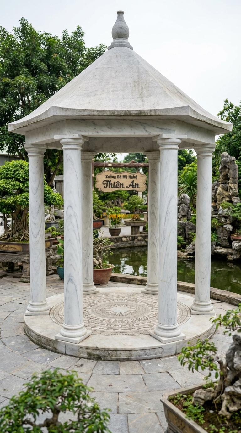 Lầu Bát Giác Đá Trắng Yên Bái Trống Đồng: Sàn lát đá chạm mặt trống đồng, mái hình nón cụt. đường kính 3m80