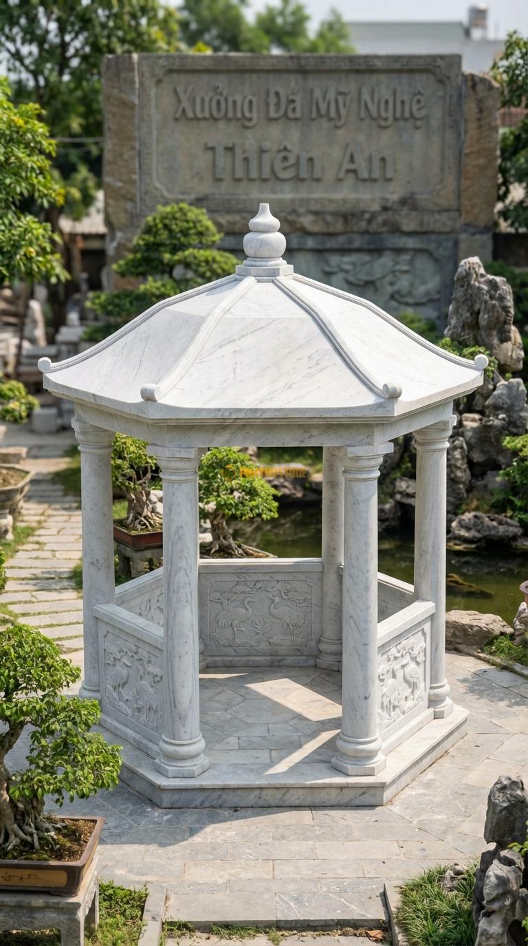 Lầu Bát Giác Đá Trắng Yên Bái Tùng Hạc: 4 vách bưng kín 1/2 chiều cao, chạm tranh Tùng Hạc sắc nét. Vuông 3m20 x 3m20