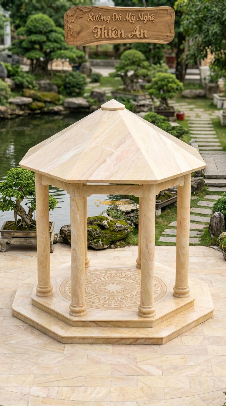 Lầu Bát Giác Đá Vàng Nghệ An Trống Đồng: Sàn lát đá chạm mặt trống đồng, mái hình nón cụt. đường kính 3m80