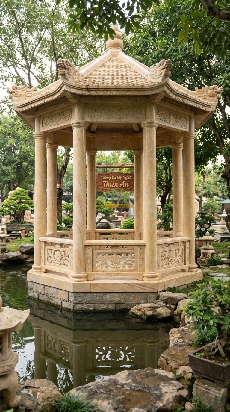 Lầu Bát Giác Đá Vàng Nghệ An Vườn Thượng Uyển: Lan can chạm thông phong hoa lá, cột nhỏ thanh thoát. đường kính 4m00