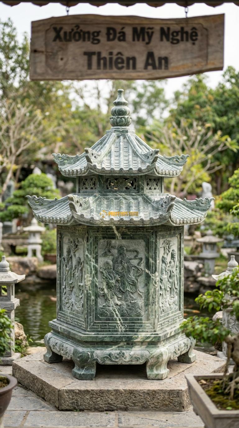 Lầu Bát Giác Đá Xanh Ấn Bát Tiên: 8 cạnh chạm tích 8 vị tiên, mái xếp lớp cầu kỳ (thường 2-3 tầng mái). đường kính 5m20 (Rất lớn)