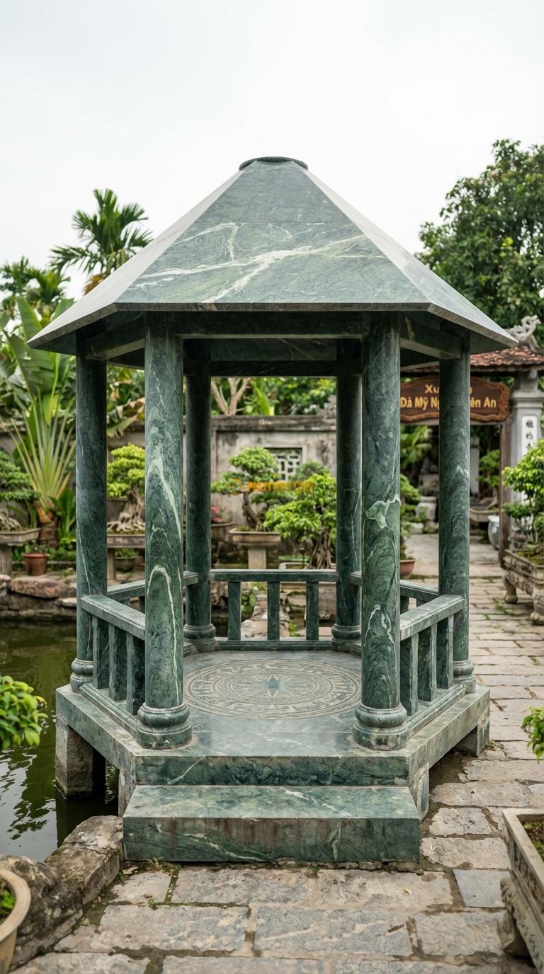 Lầu Bát Giác Đá Xanh Ấn Trống Đồng: Sàn lát đá chạm mặt trống đồng, mái hình nón cụt. đường kính 3m80