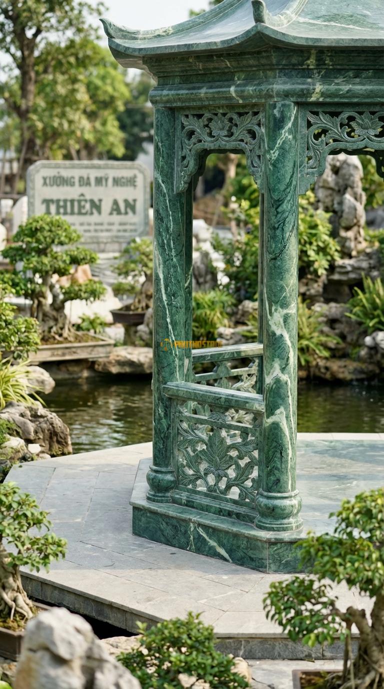 Lầu Bát Giác Đá Xanh Ấn Vườn Thượng Uyển: Lan can chạm thông phong hoa lá, cột nhỏ thanh thoát. đường kính 4m00