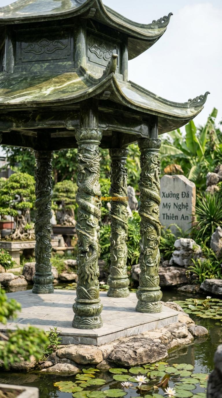 Lầu Đá Serpentine Long Cuốn Thủy: 6 cột chạm rồng quấn cực kỹ, chân tảng chạm sóng nước (Mẫu VIP). đường kính 4m50; Cao 4m80 (2 mái)