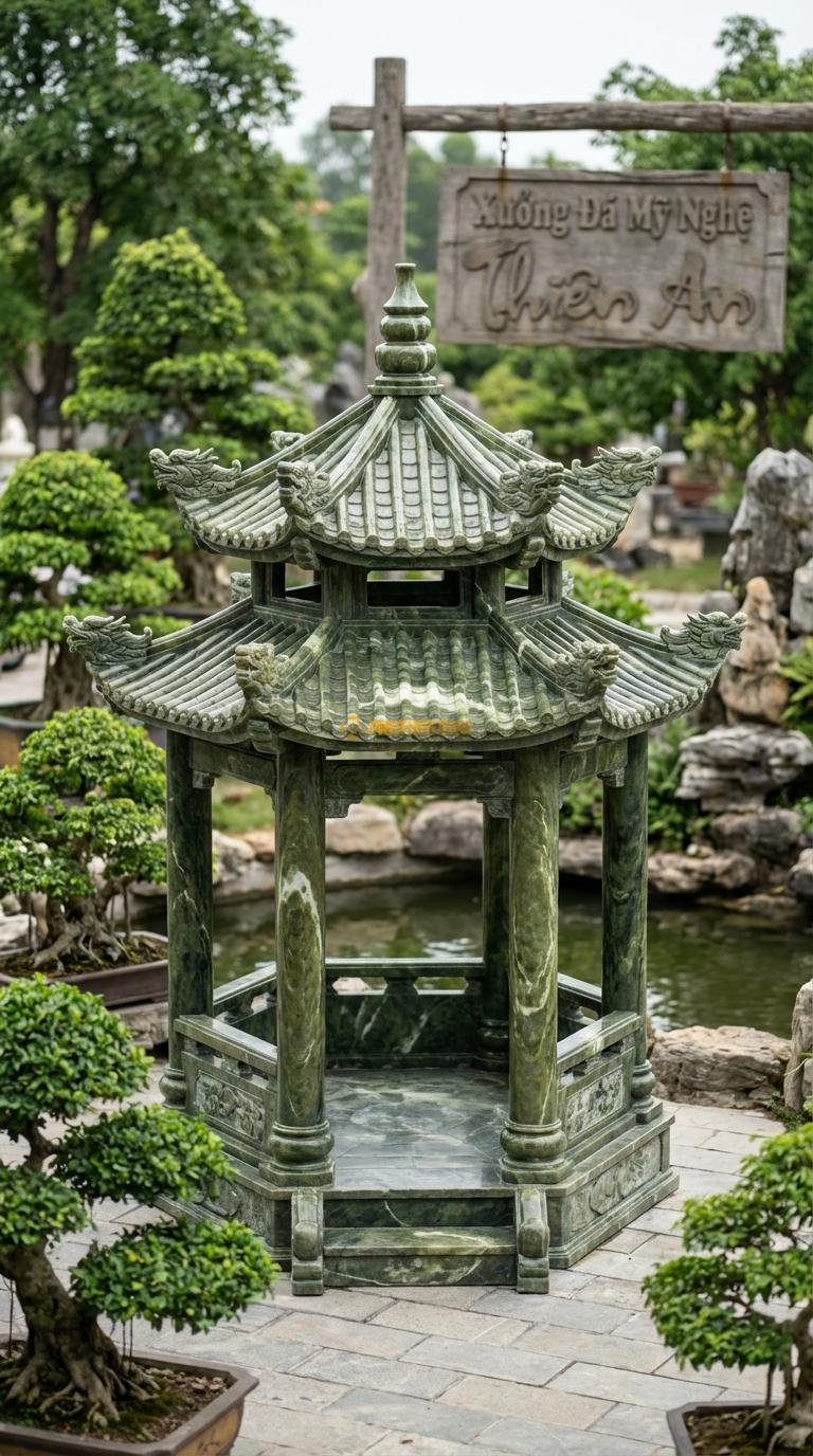 Lầu Đá Serpentine Mái Chồng Diêm: Thiết kế 2 tầng mái (8 mái nhỏ, 6 mái lớn), đầu đao chạm lá hóa rồng. đường kính 3m50; Cao 4m50 (2 tầng mái)