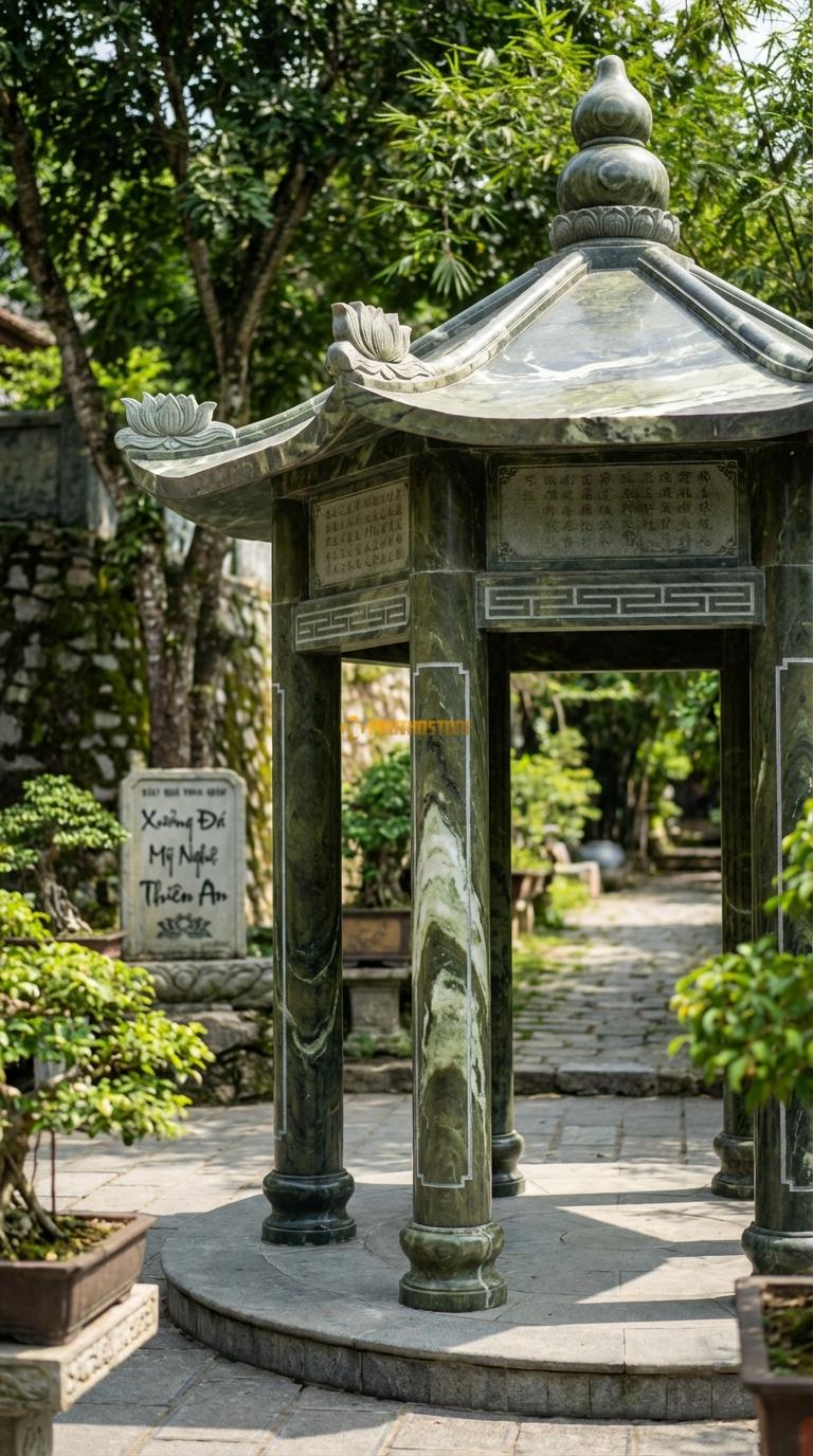Lầu Đá Serpentine Quan Âm Tự: Mẫu dành cho chùa, đỉnh mái đặt bình hồ lô, vách chạm kinh Phật hoặc hoa sen. đường kính 3m60; Cao 3m90