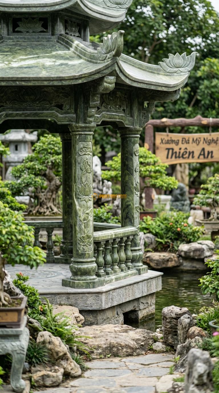 Lầu Đá Serpentine Sen Hóa: Cột tròn trơn hoặc chạm đầm sen, lan can con tiện (lục bình) đơn giản. đường kính 2m80; Cao 3m20