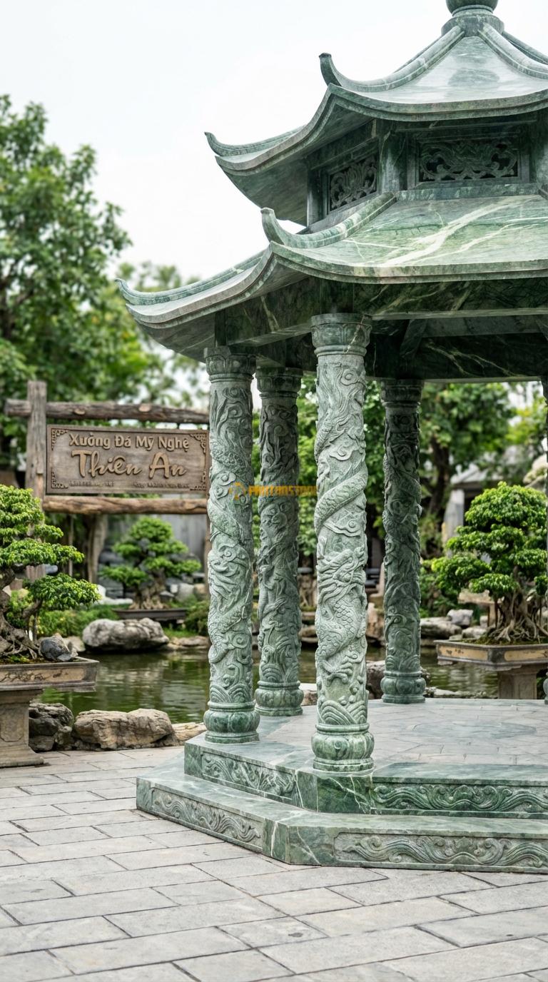 Lầu Đá Xanh Ấn Long Cuốn Thủy: 6 cột chạm rồng quấn cực kỹ, chân tảng chạm sóng nước (Mẫu VIP). đường kính 4m50; Cao 4m80 (2 mái)