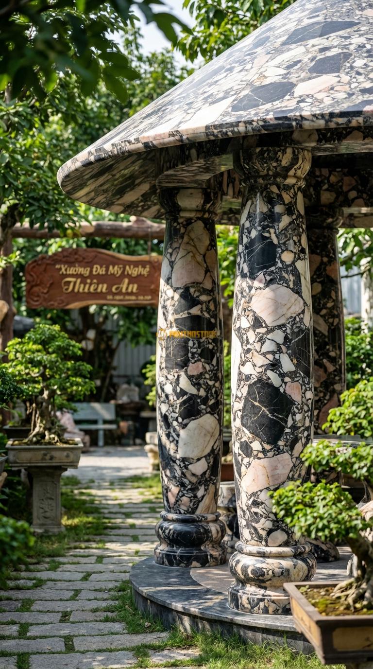 Lầu Tròn Đá Da Báo Chòi Nấm: (Mẫu hiếm) Cột trụ lớn ở giữa hoặc các cột bo tròn, mái hình nón. đường kính 3m00