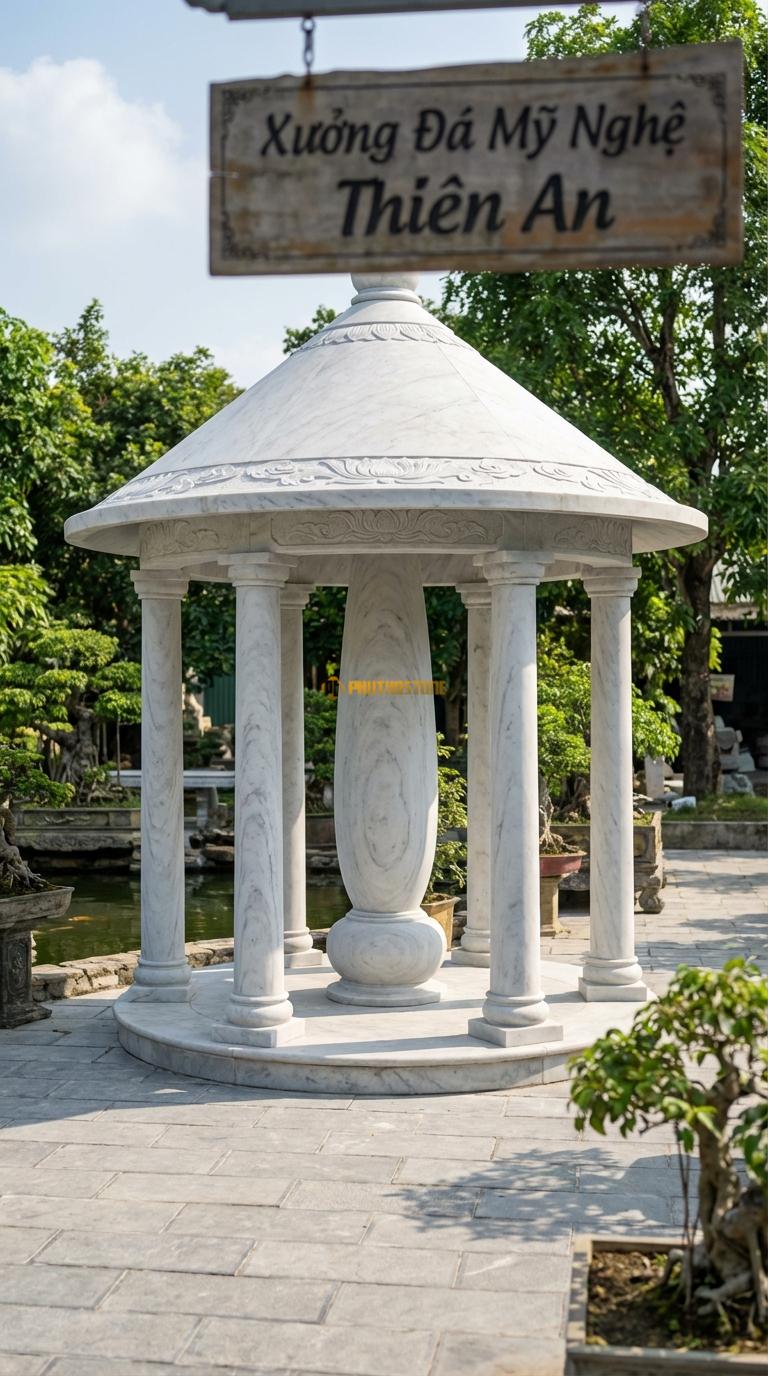 Lầu Tròn Đá Trắng Yên Bái Chòi Nấm: (Mẫu hiếm) Cột trụ lớn ở giữa hoặc các cột bo tròn, mái hình nón. đường kính 3m00