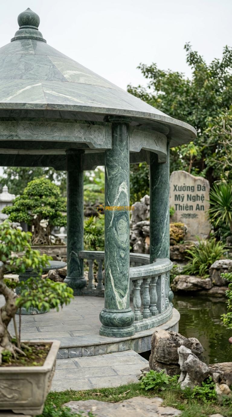 Lầu Tròn Đá Xanh Ấn Chòi Nấm: (Mẫu hiếm) Cột trụ lớn ở giữa hoặc các cột bo tròn, mái hình nón. đường kính 3m00