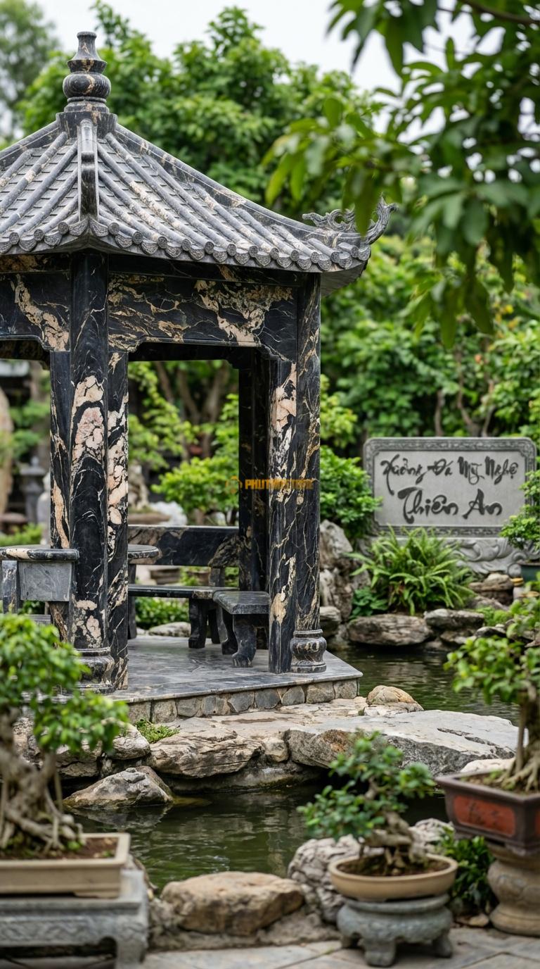 Lầu Tứ Giác Đá Da Báo Cổng Kết Hợp Lầu: Dạng chòi nghỉ chân ngay tại cổng vào, 2 bên có ghế ngồi đá. 2m50 x 2m50