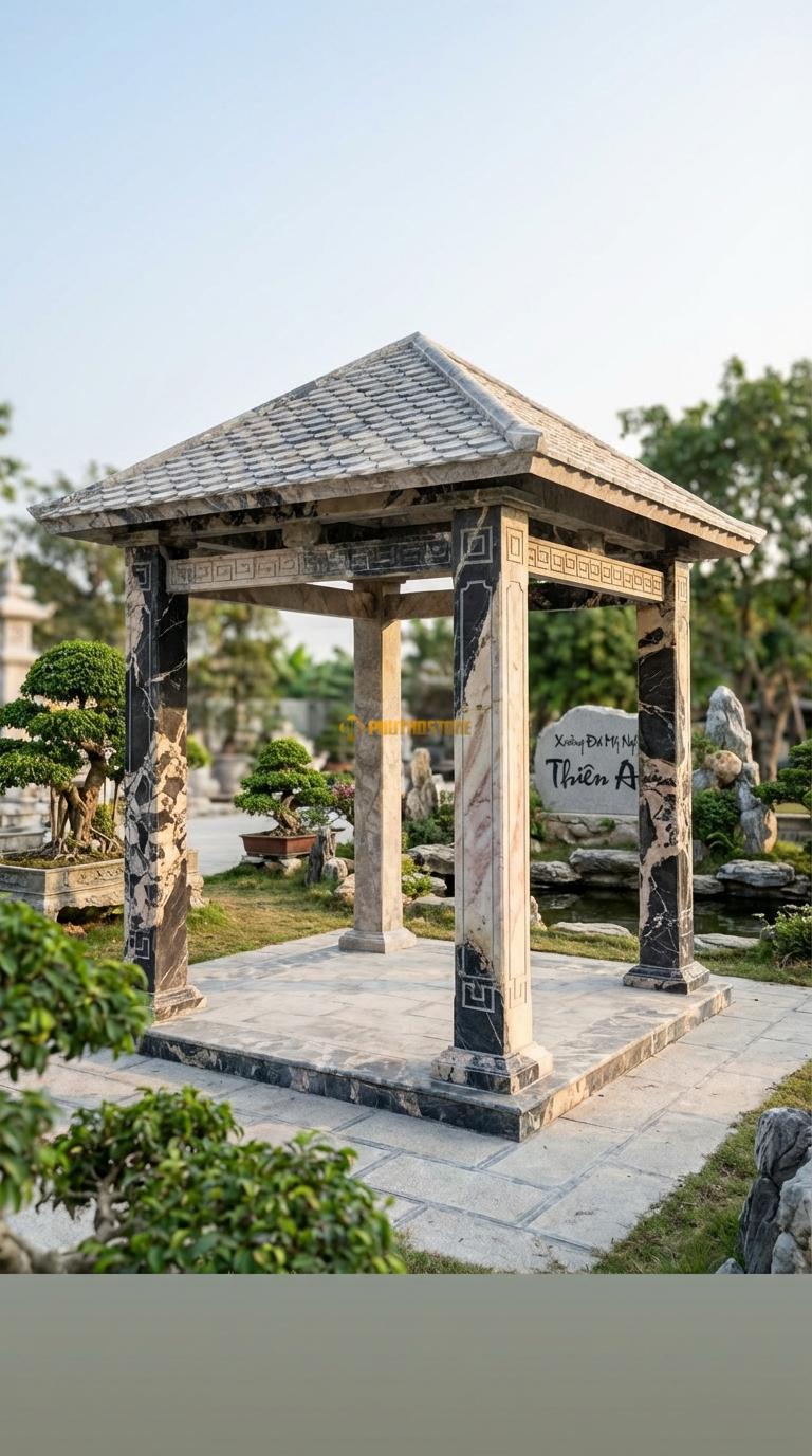 Lầu Tứ Giác Đá Da Báo Hiện Đại: Cột vuông trơn, đánh bóng, ít hoa văn, mái bằng hoặc dốc nhẹ. Vuông 2m80 x 2m80