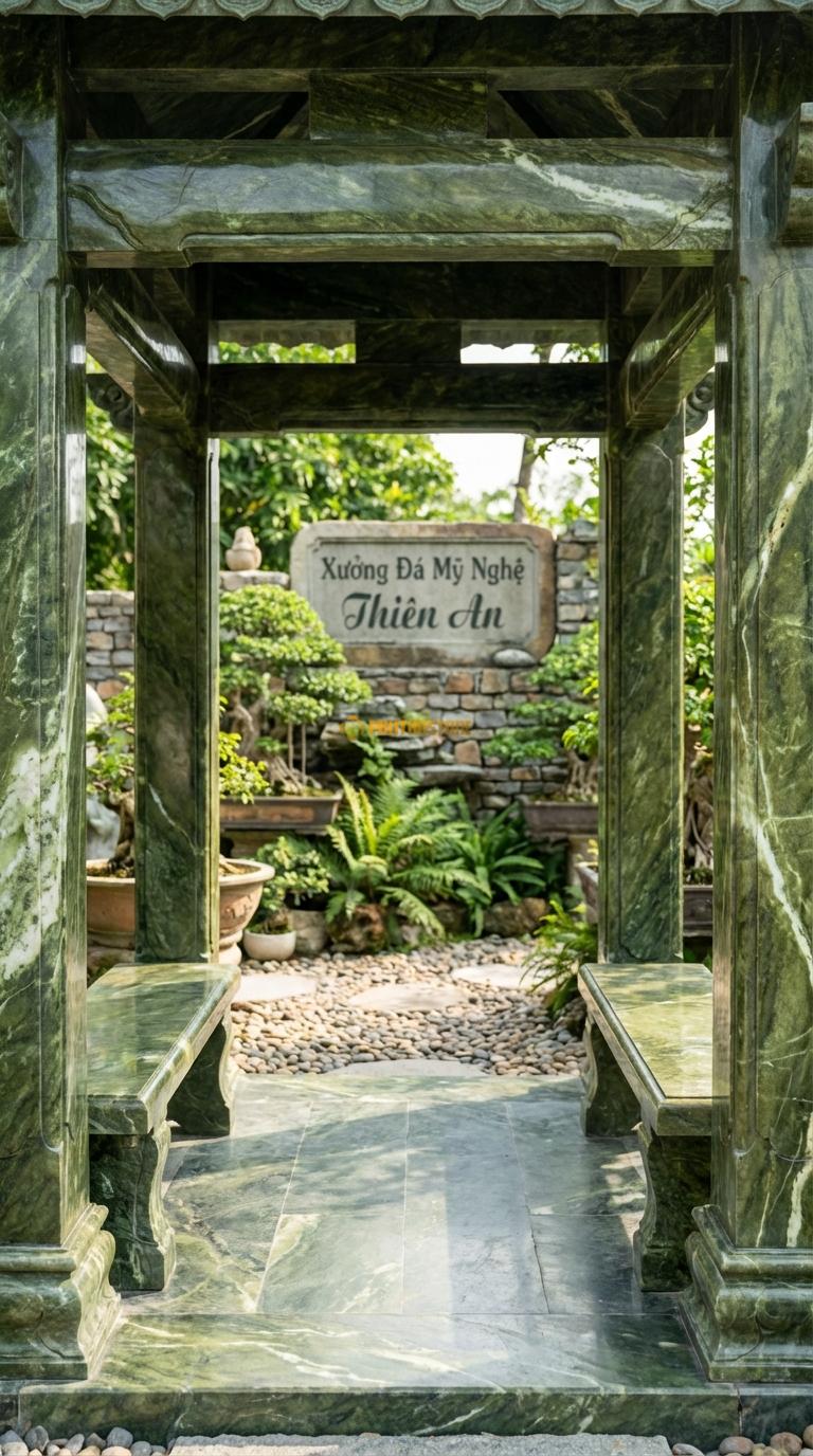 Lầu Tứ Giác Đá Serpentine Cổng Kết Hợp Lầu: Dạng chòi nghỉ chân ngay tại cổng vào, 2 bên có ghế ngồi đá. 2m50 x 2m50