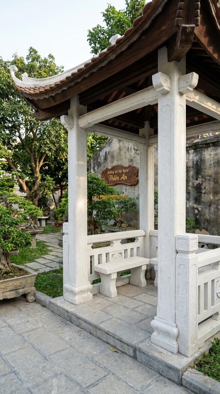 Lầu Tứ Giác Đá Trắng Muối Cổng Kết Hợp Lầu: Dạng chòi nghỉ chân ngay tại cổng vào, 2 bên có ghế ngồi đá. 2m50 x 2m50